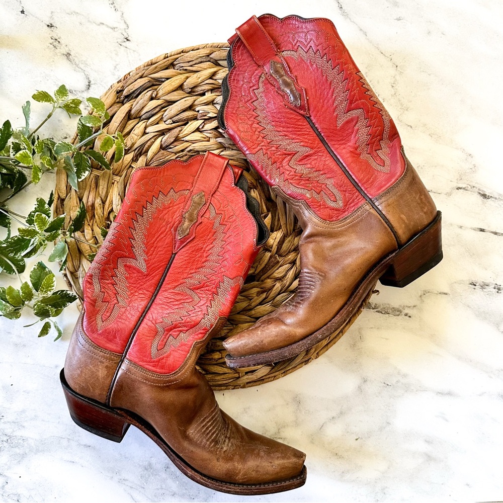 Lucchese 1883 Vintage Womens Laurel Tan & Red Scalloped Cowboy Boots - Picture 9 of 11